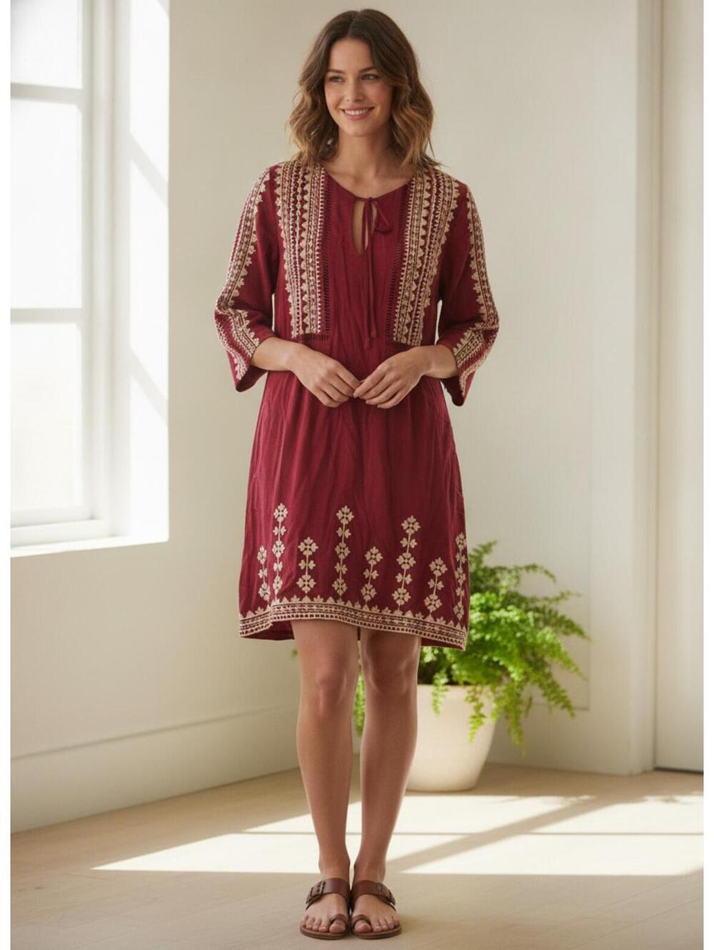 Alya Boho Burgundy Knee Length Embroidered Tunic Dress